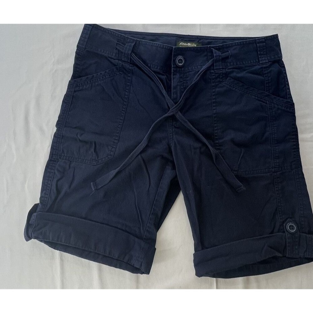 Eddie Bauer Womens Black Bermuda Rolled Up Shorts Flat Front Size S